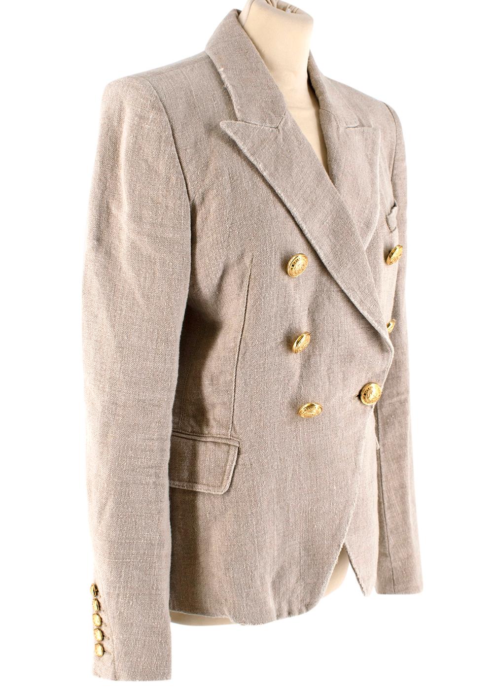 Balmain Beige Linen Double-Breasted Blazer

- Natural, mid-weight linen fabric
- Lavish gold-toned buttons on front
- Padded shoulders
- Five buttons on cuffs
- Two flattering flap front pockets
- Left chest pocket
- Fully lined

Materials: 100%