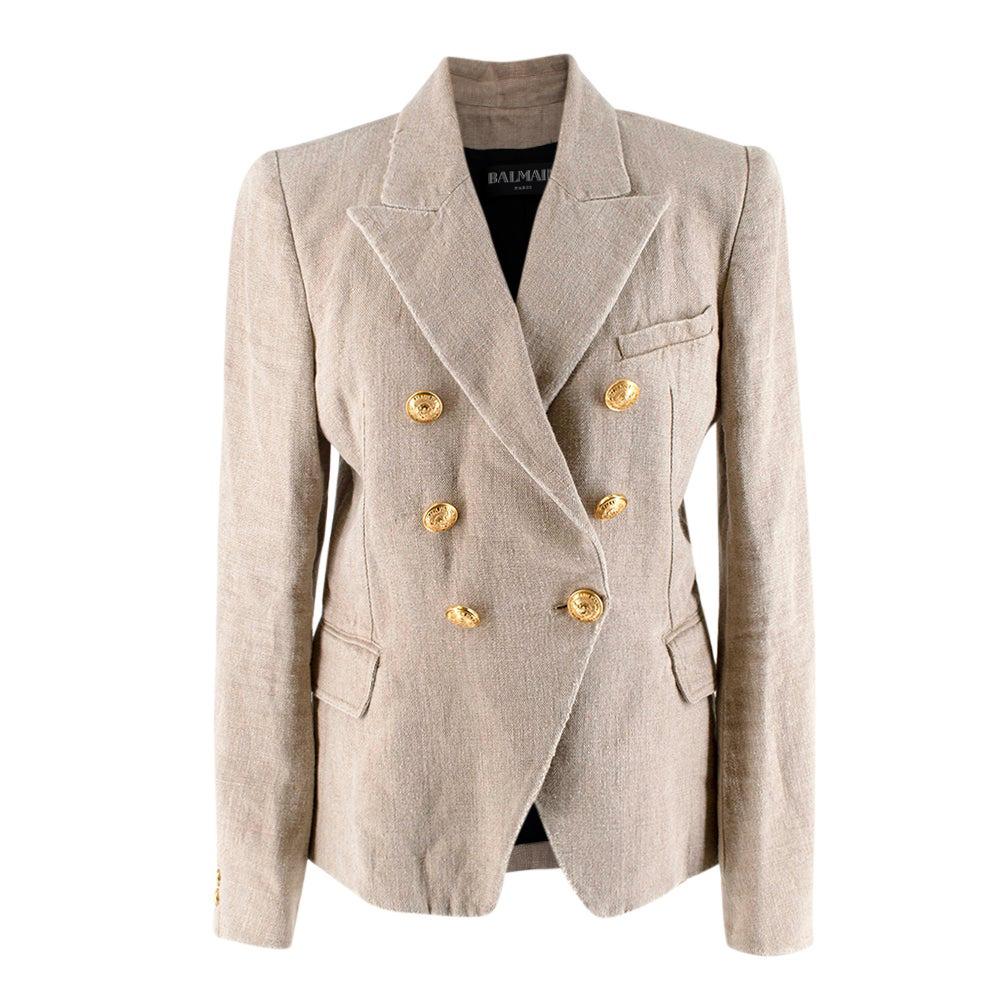 Balmain Beige Linen Double-Breasted Blazer - Size US 8