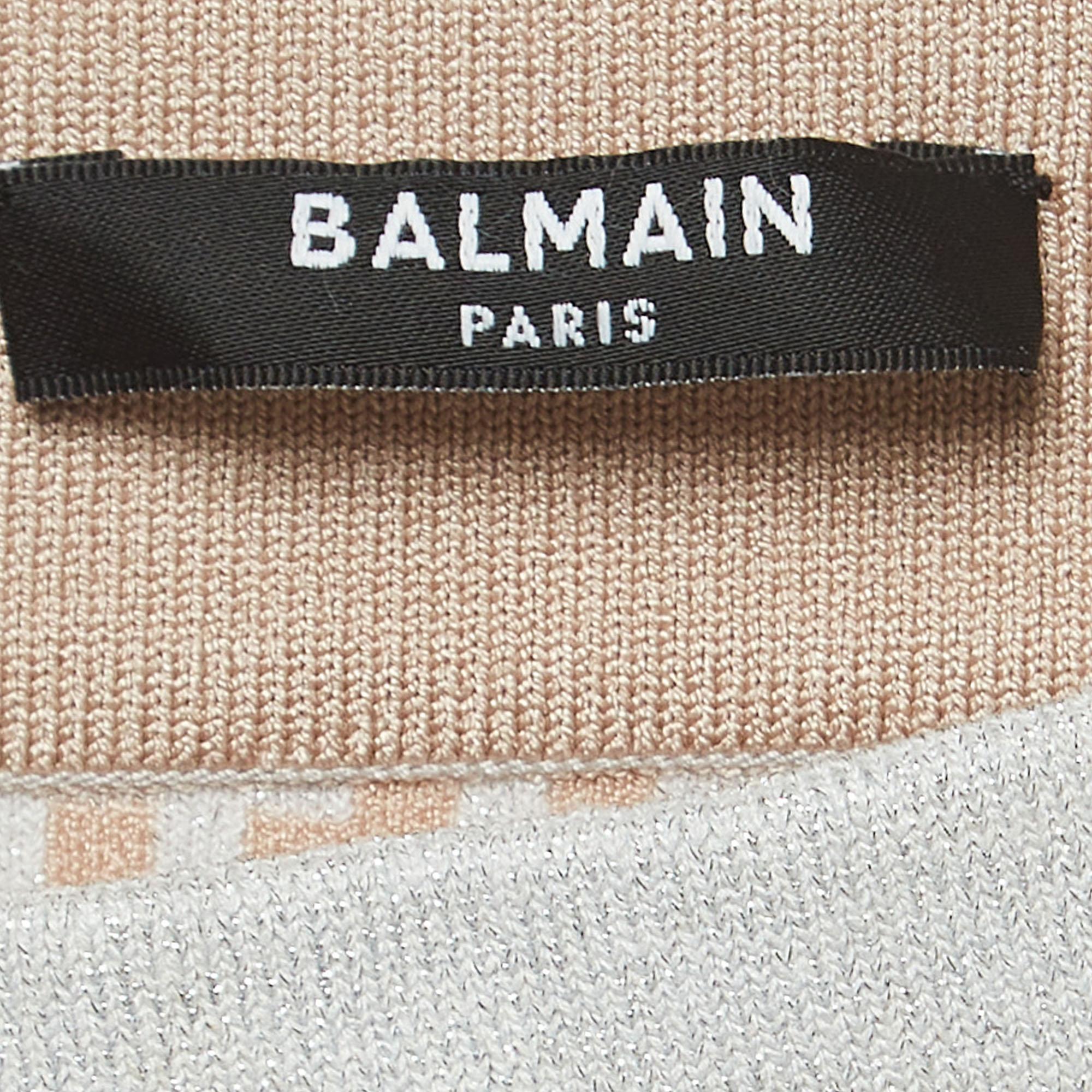 Balmain Beige Monogram Jacquard Metallic Knit Leggings S 1
