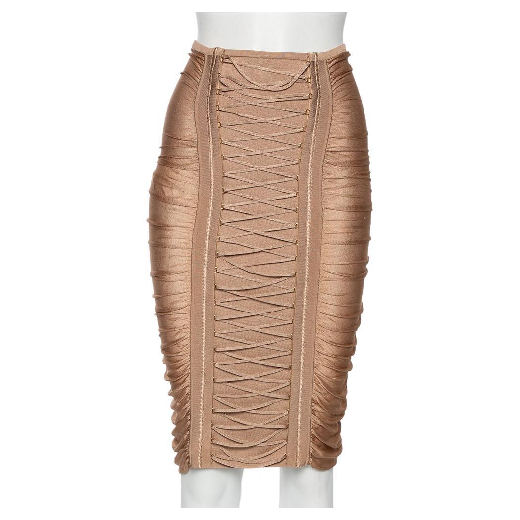 Balmain Beige Stretch Knit Lace-up Detail Ruched Pencil Skirt S