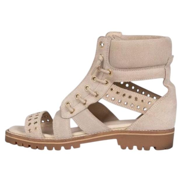 Pre-owned Balmain Beige Suede High Heel Sandals Eu 37.5 With Gold Eyelet Detail In Brown