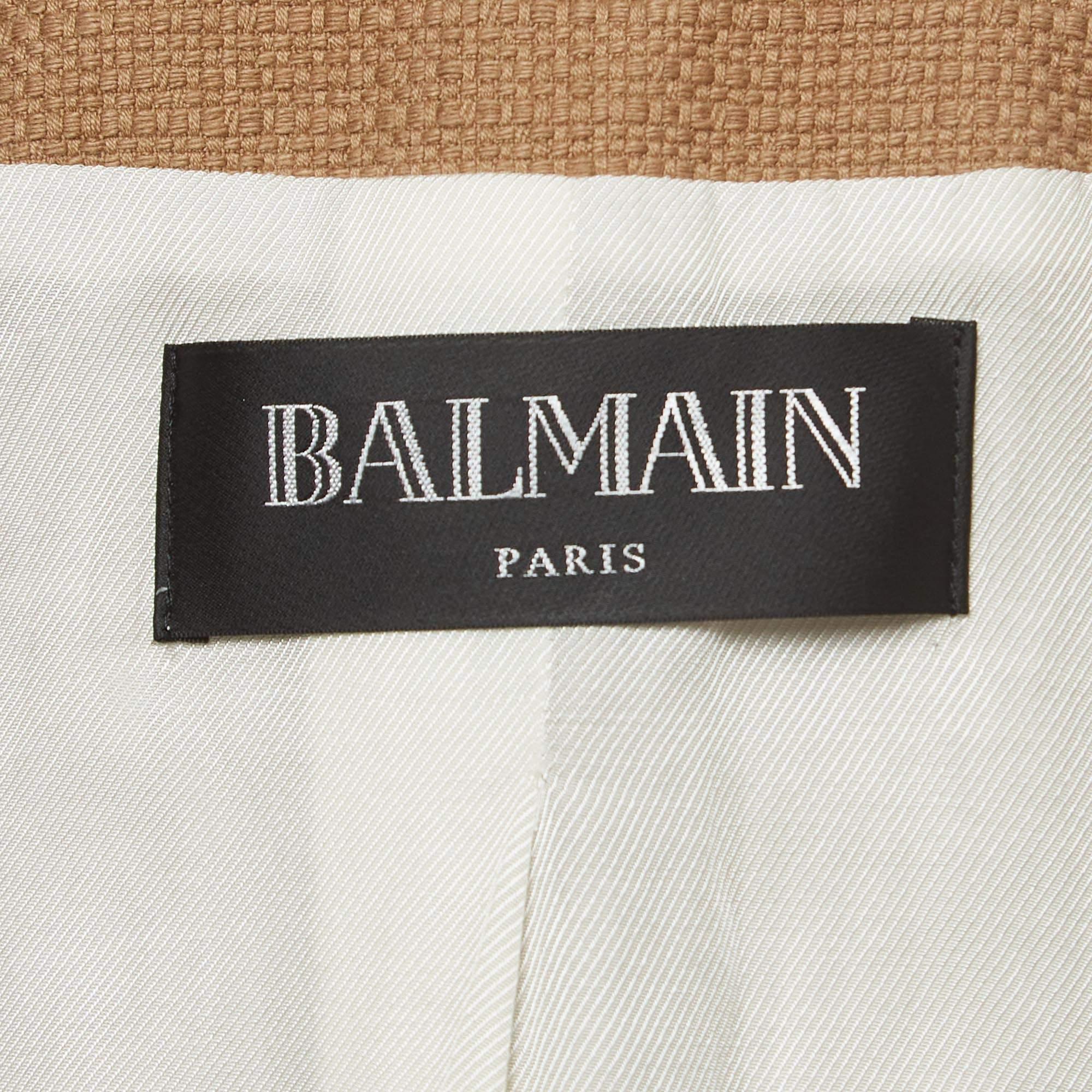 Balmain Beige Textured Cotton Double-Breasted Blazer M In Good Condition For Sale In Dubai, Al Qouz 2