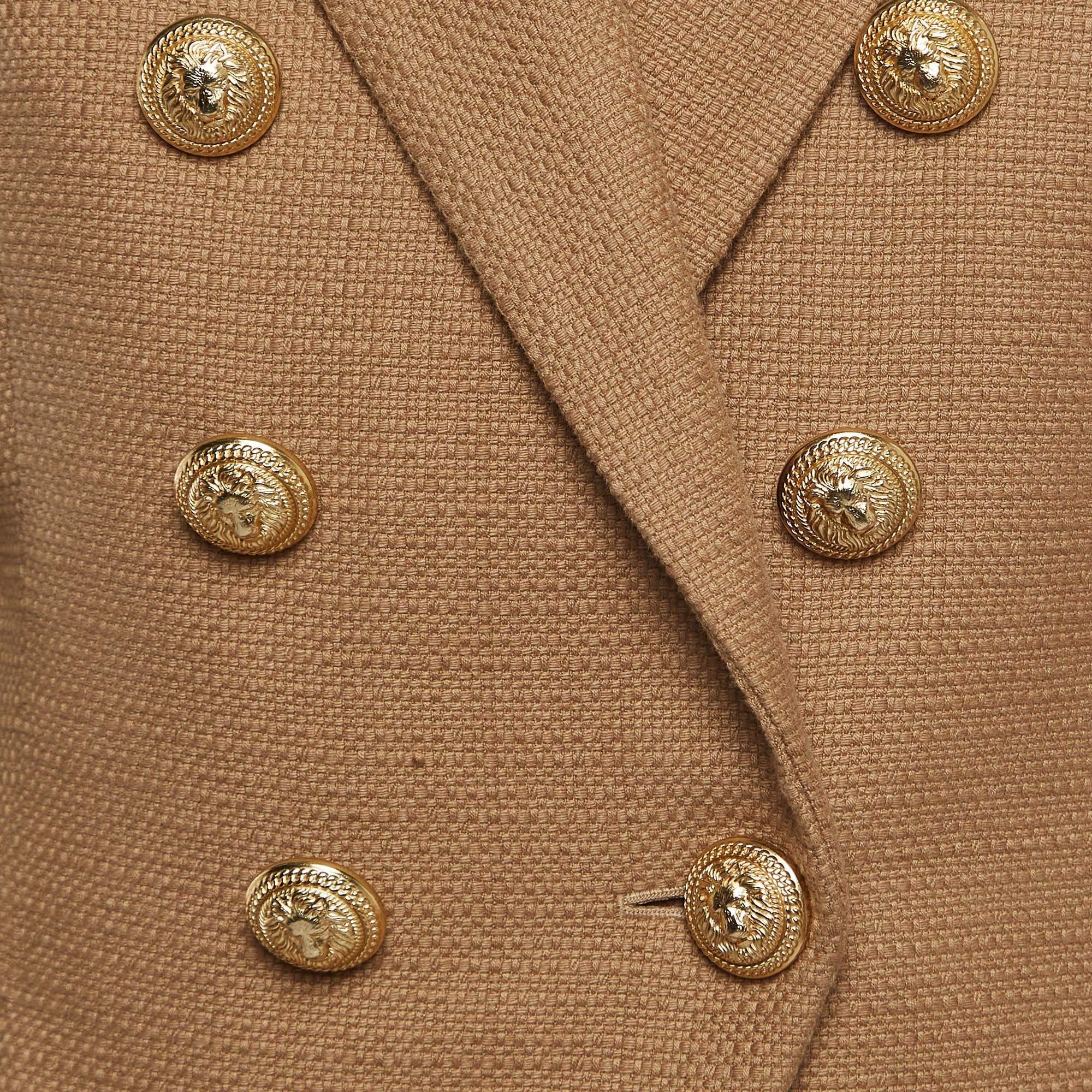 Blazer à double boutonnage en coton texturé beige Balmain M en vente 1