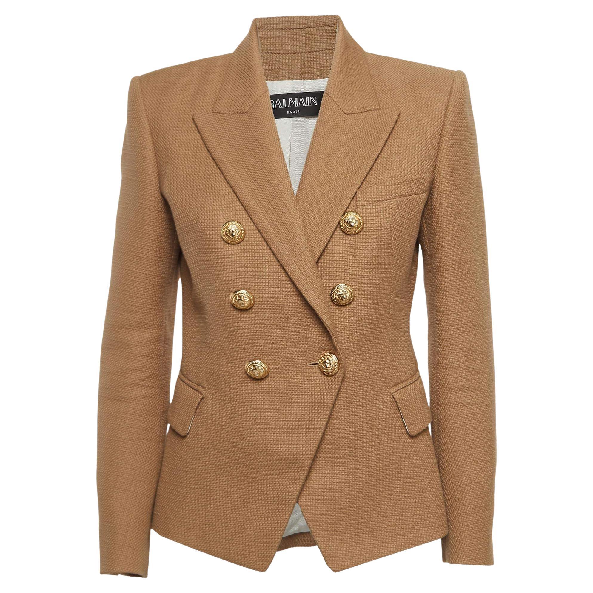 Balmain Beige Textured Cotton Double-Breasted Blazer M For Sale