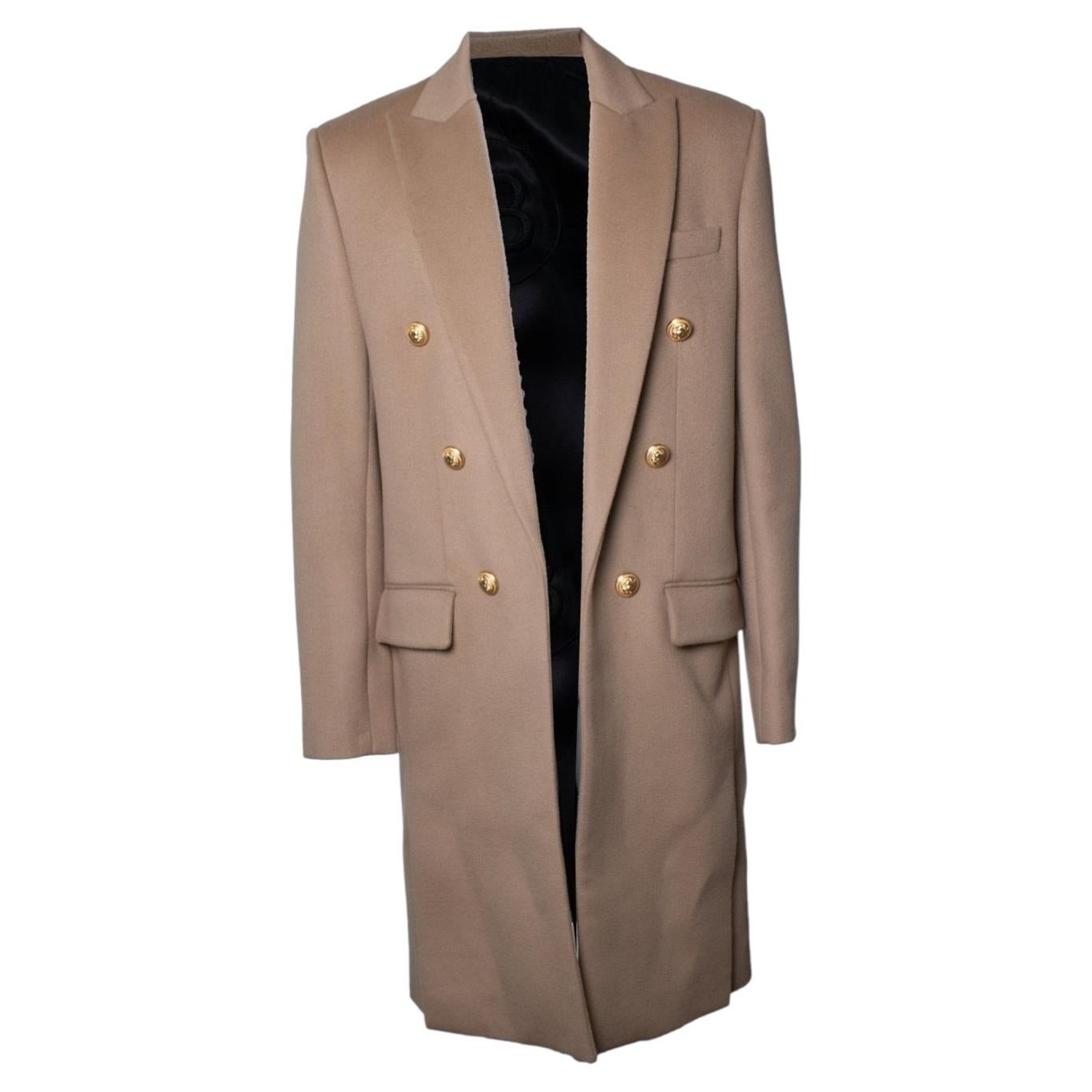 Balmain, beige wool overcoat with gold buttons For Sale