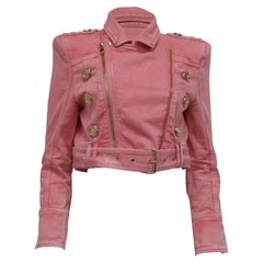 Giacca in denim corta con cintura di Balmain in cotone rosa