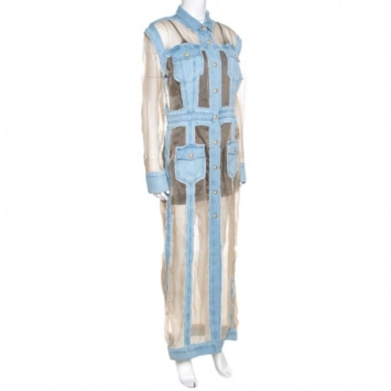Exuding a cool-casual appeal and designed with refreshing details, this dress from Balmain will make a unique addition to your closet. It is tailored from silk into a shirt silhouette featuring cotton denim trims that look super attractive against