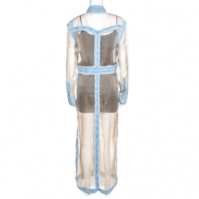 Balmain Bicolor Sheer Silk Panelled Denim Trim Shirt Dress L Gris en venta