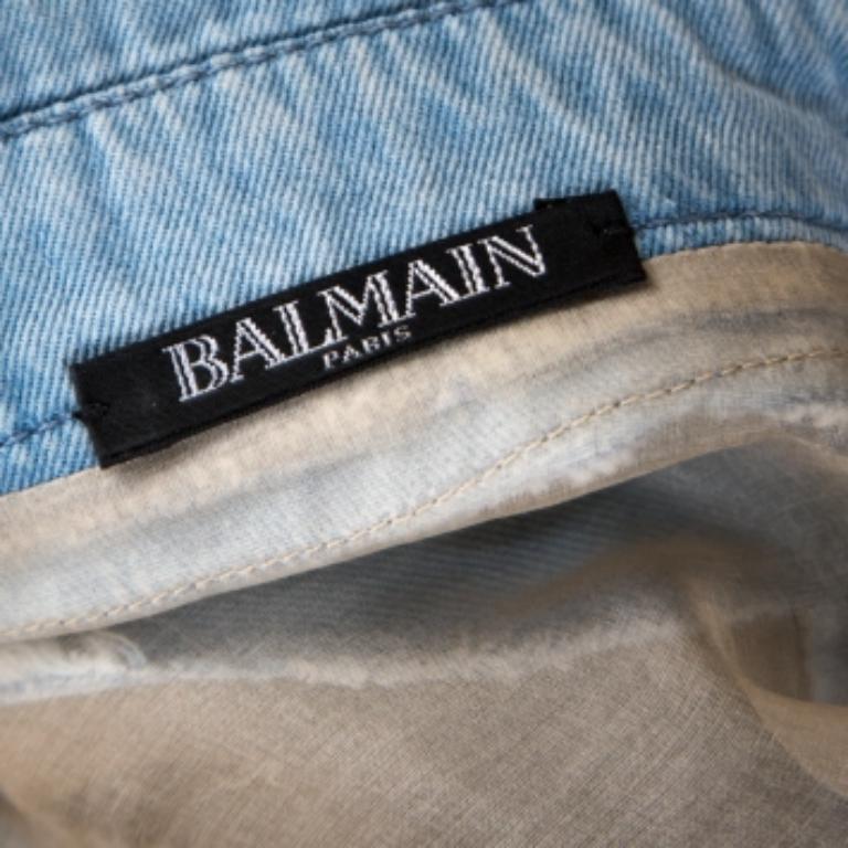 Balmain Bicolor Sheer Silk Panelled Denim Trim Shirt Dress L en Bueno estado para la venta en Dubai, Al Qouz 2