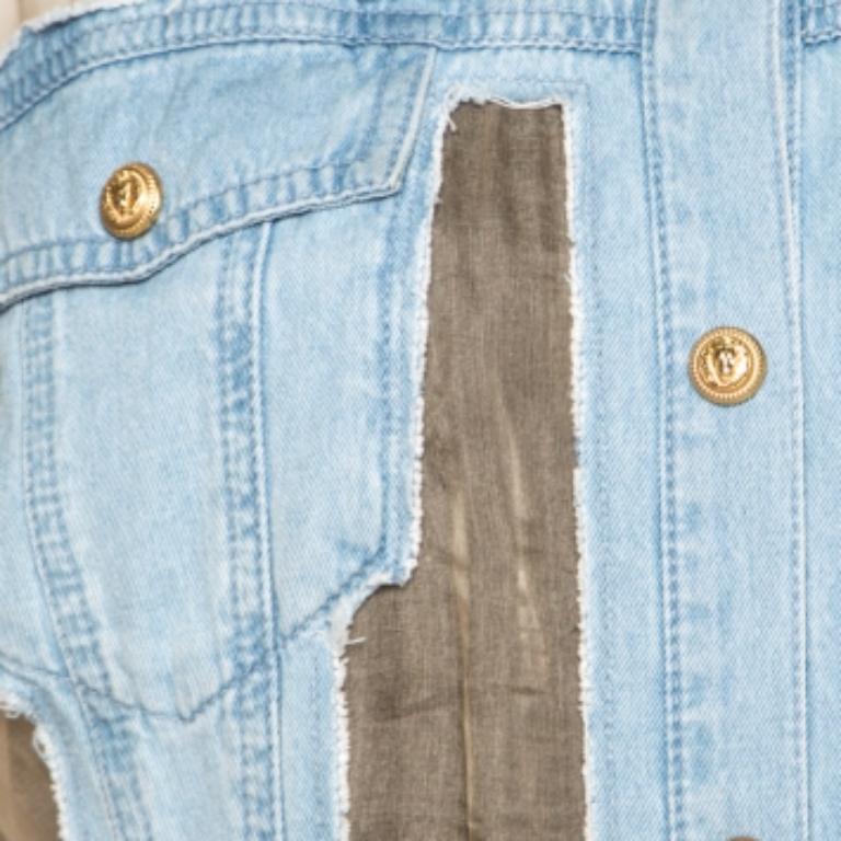 Balmain Bicolor Sheer Silk Panelled Denim Trim Shirt Dress L en venta 2