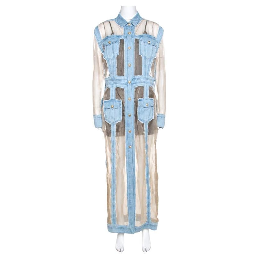 Balmain Bicolor Sheer Silk Panelled Denim Trim Shirt Dress L For Sale