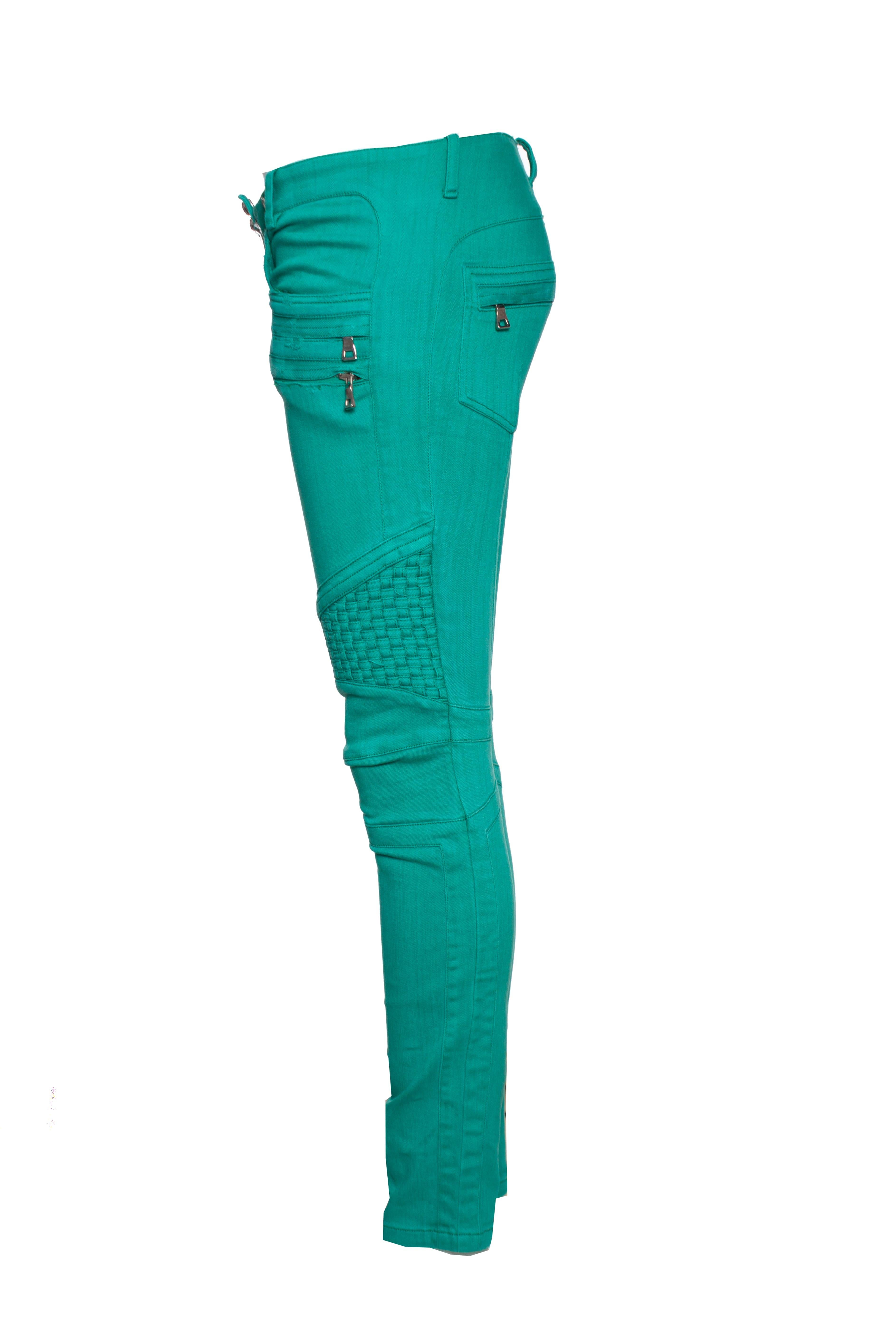 Blue Balmain, Biker jeans in green. For Sale