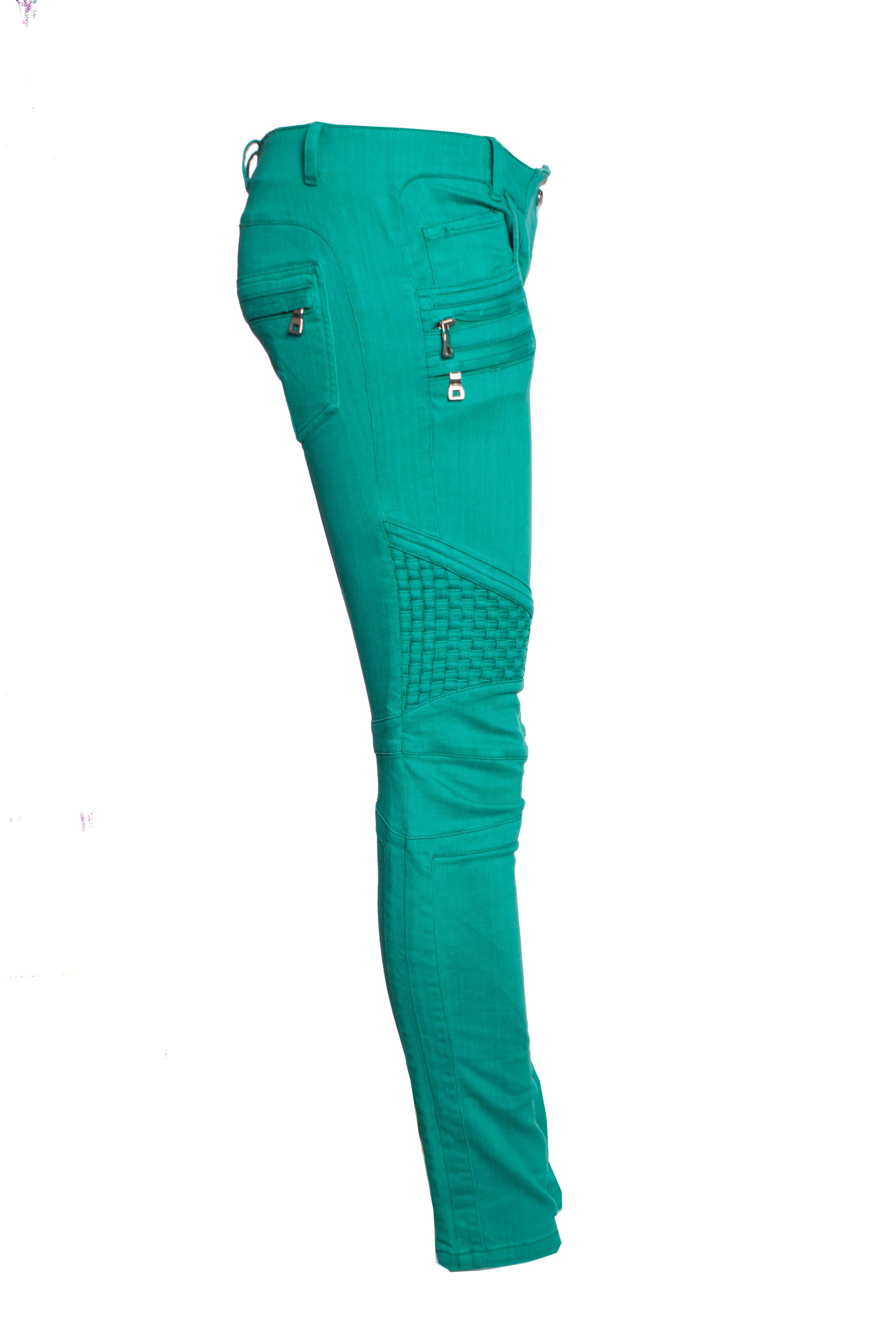 Balmain, Biker jeans in green. In Good Condition For Sale In AMSTERDAM, NL
