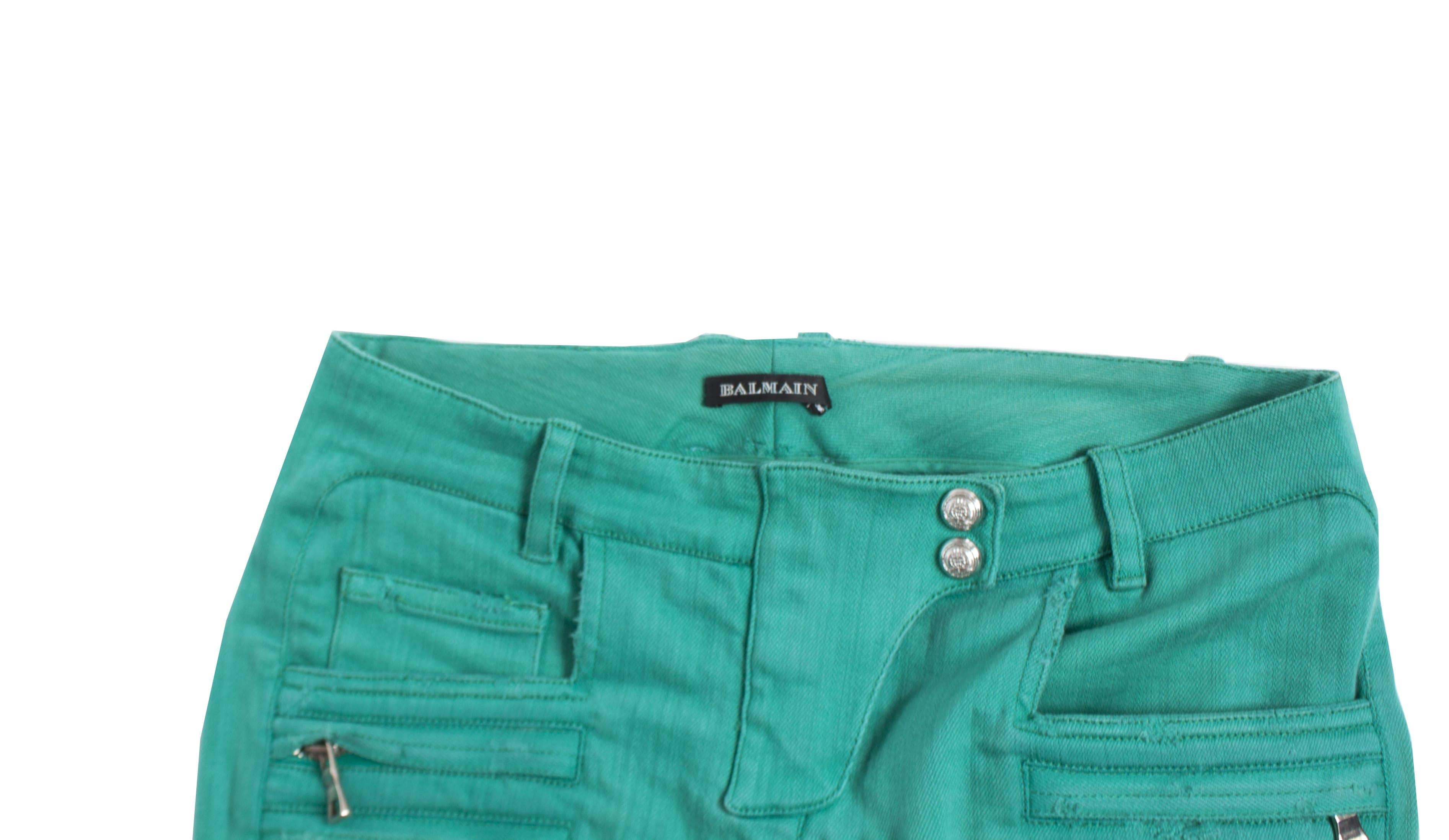Women's Balmain, Biker jeans in green. For Sale
