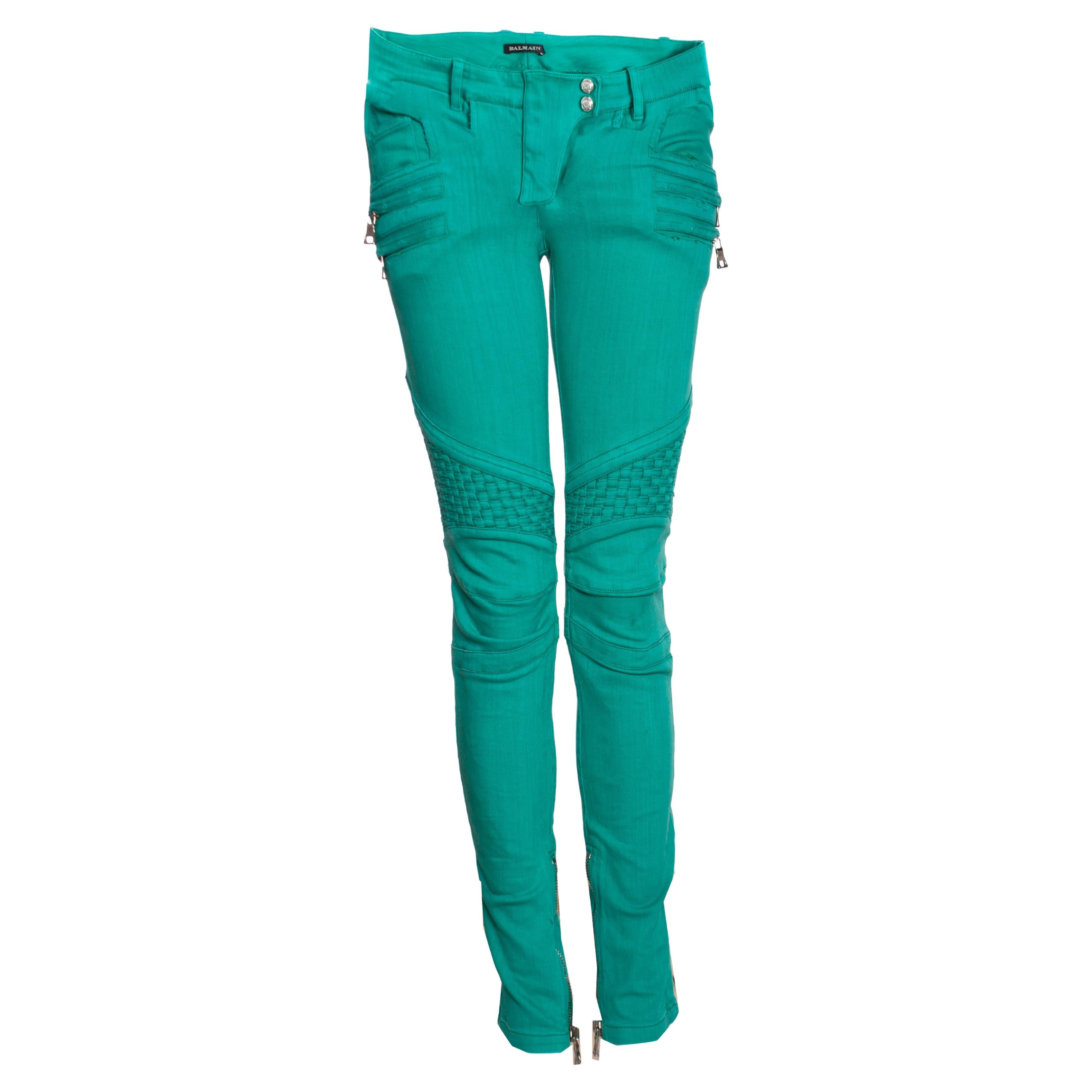 Balmain, Biker jeans in green. For Sale