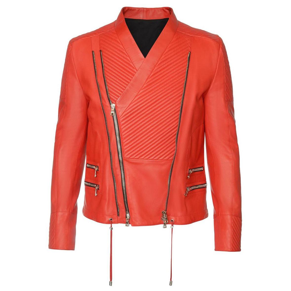 BALMAIN BIKER RED LEATHER JACKET for MEN as seen on JASTIN 56 - 46 at  1stDibs