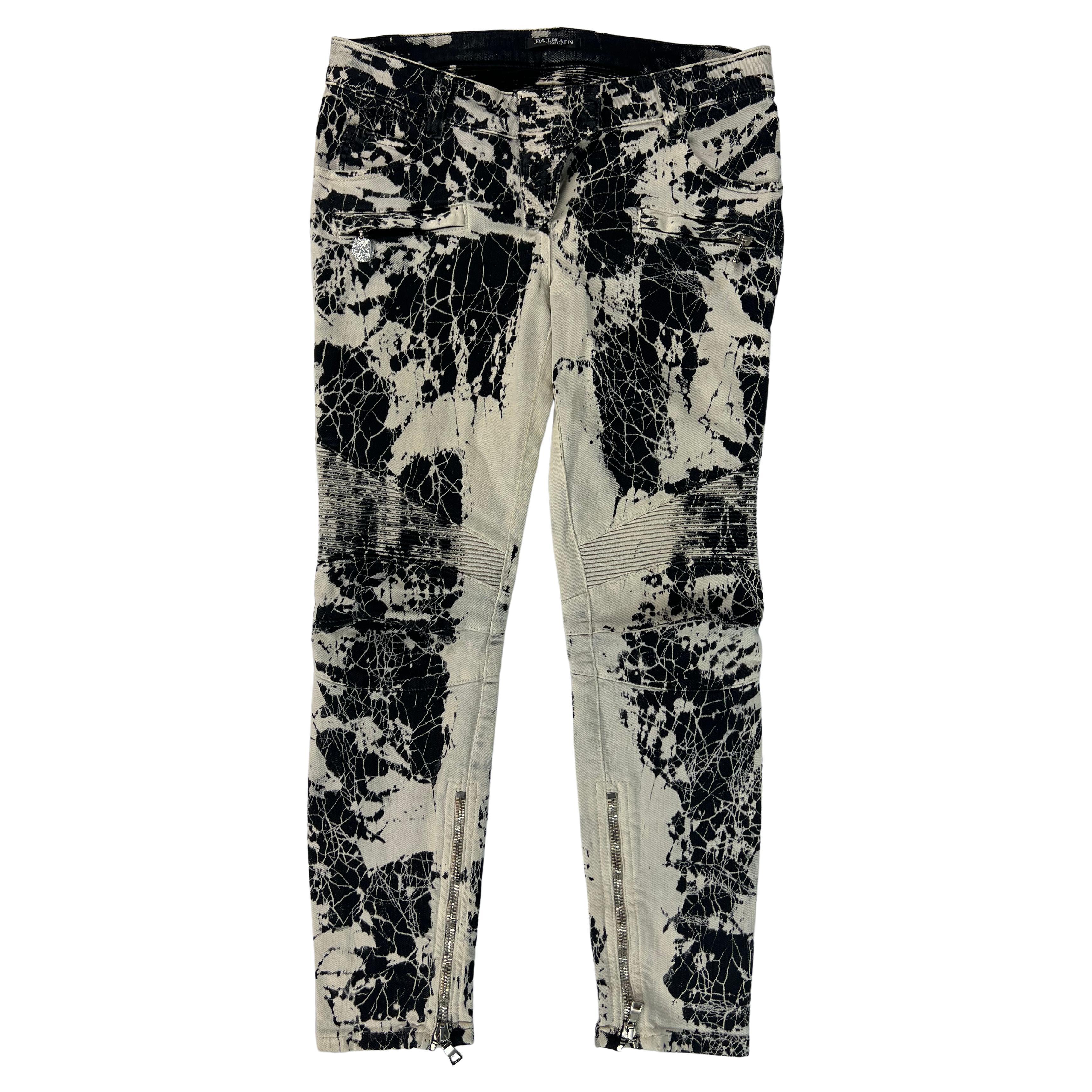 Balmain Black and White Denim Jean Pants, Size 40 For Sale