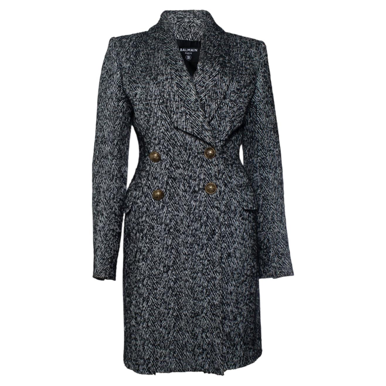 Balmain, black and white wool coat For Sale