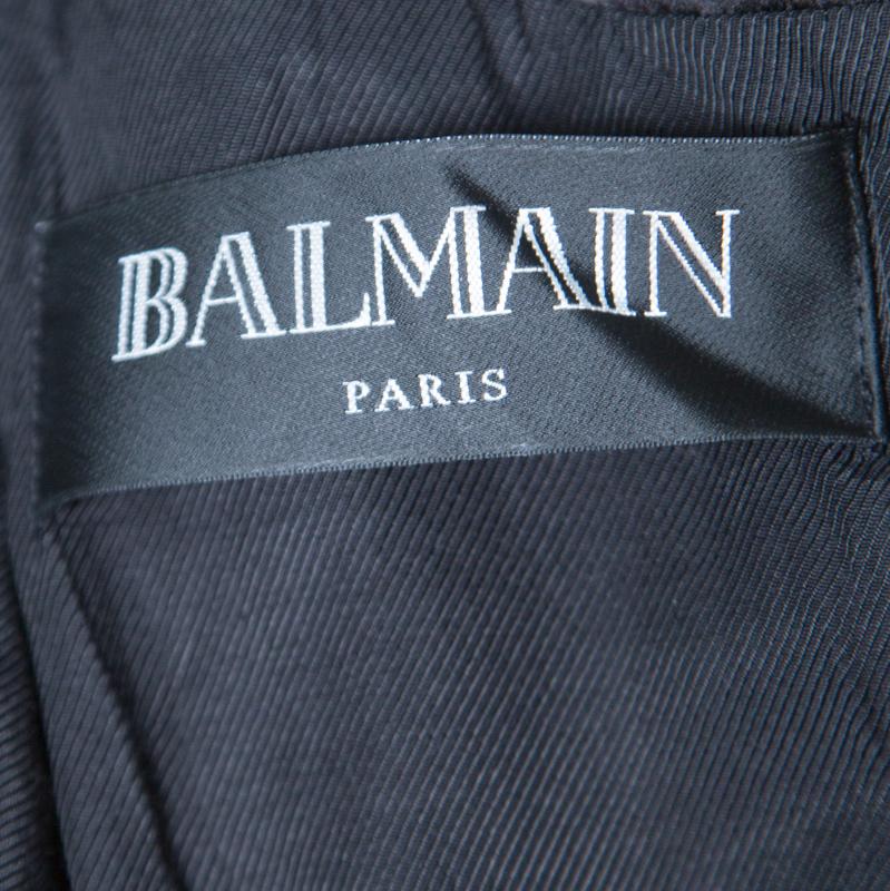 Balmain Black Basket Weave Satin Lapel Detail Coat Dress S In Good Condition In Dubai, Al Qouz 2