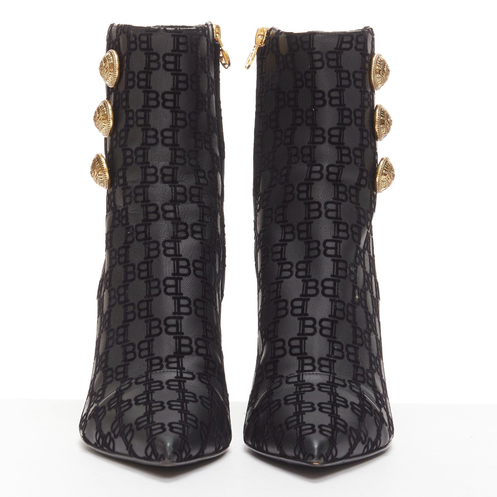 BALMAIN black BB monogram gold buttons high top stiletto boots EU38 In Good Condition For Sale In Hong Kong, NT