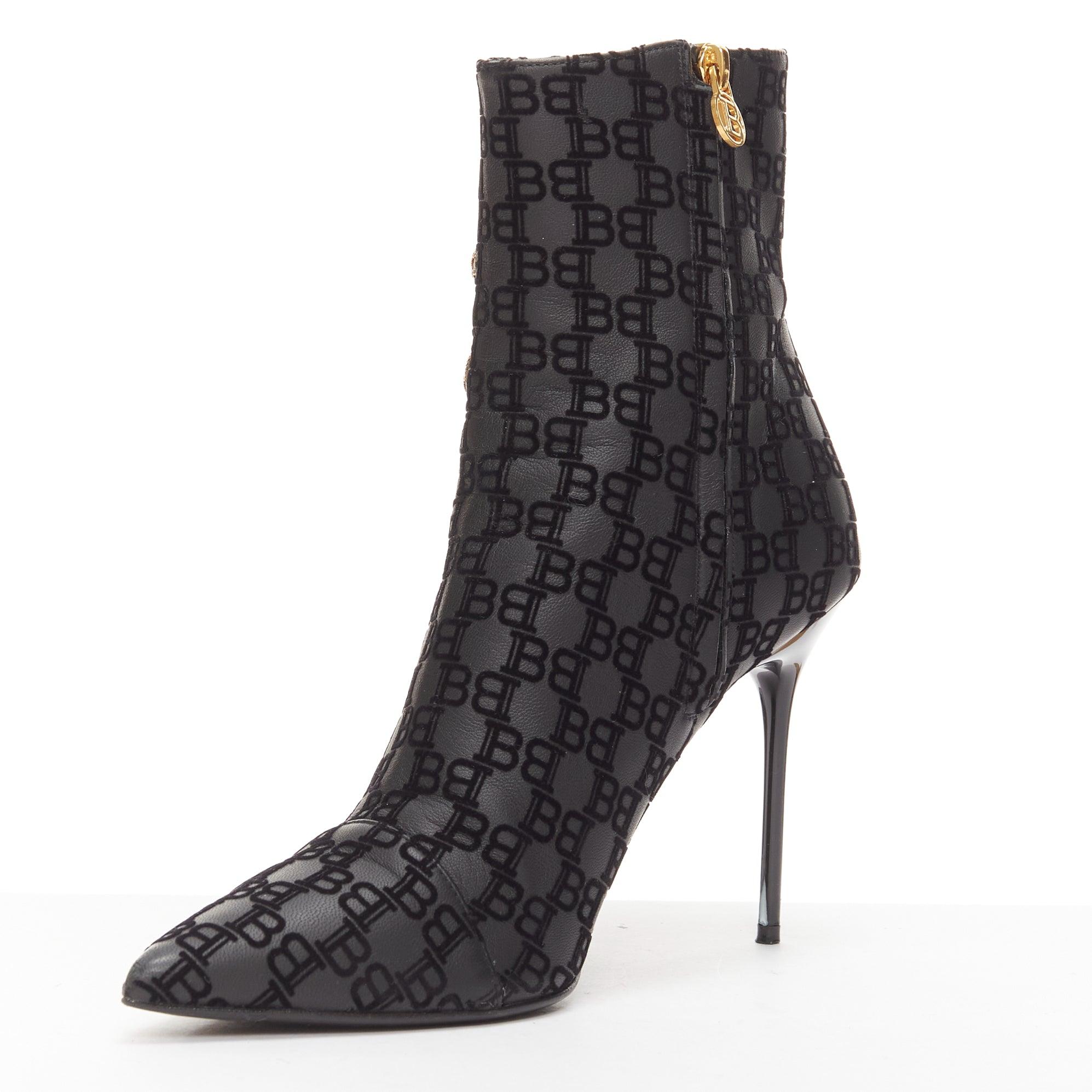 BALMAIN Schwarz BB Monogramm Gold Knöpfe hoch oben Stiletto Stiefel EU38 Damen im Angebot