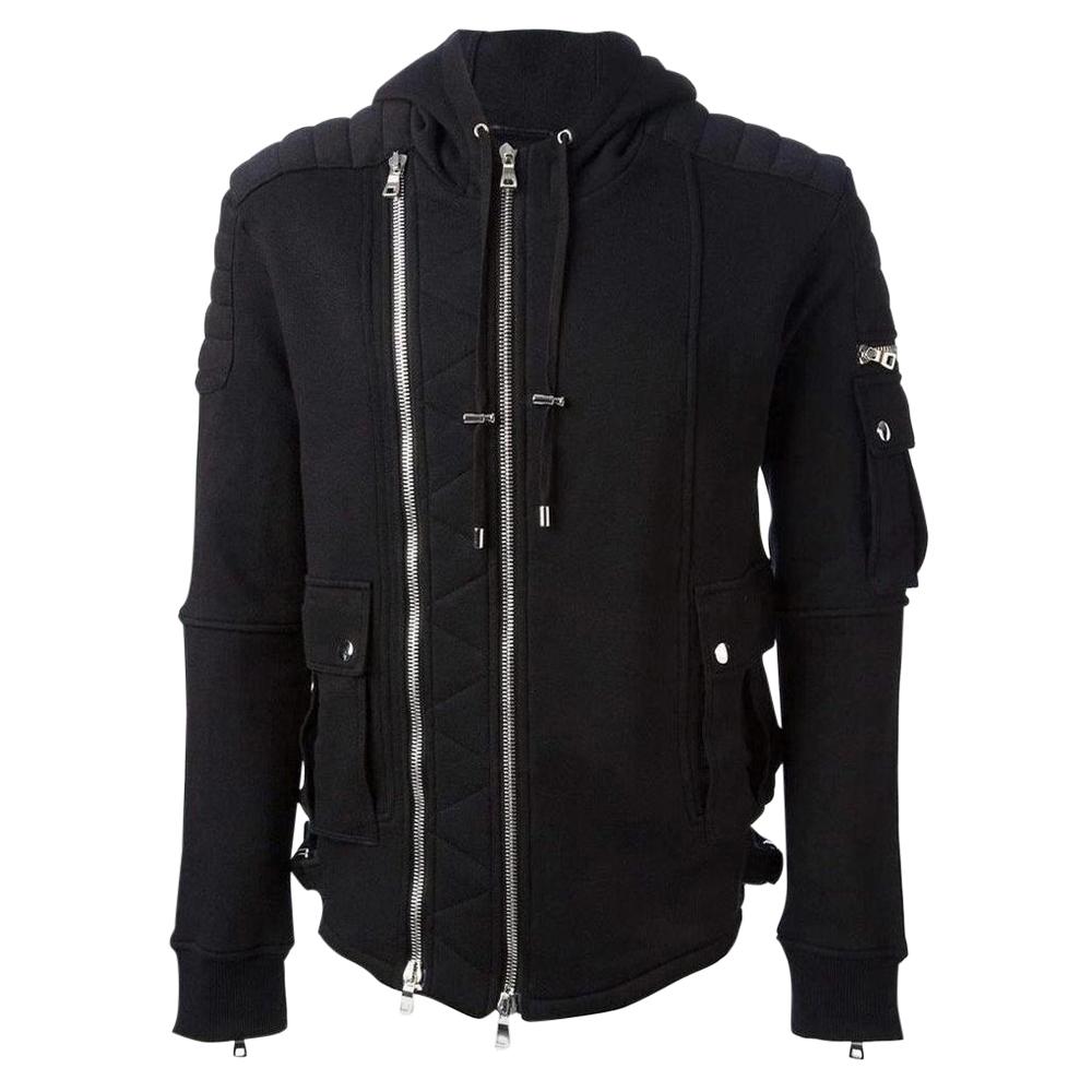 Balmain Black Biker Hoodie Jacket For Sale