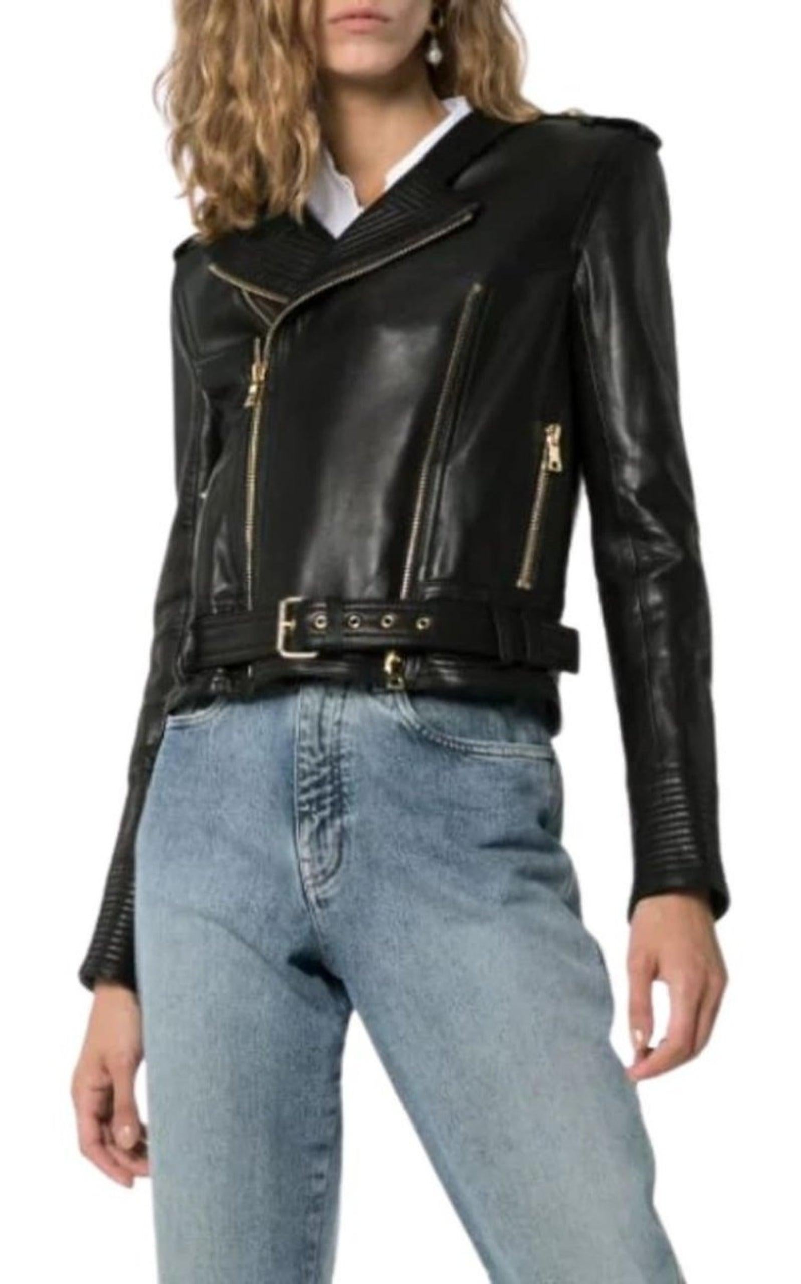 Nero Balmain Giacca in pelle con fibbia nera FR 38 in vendita