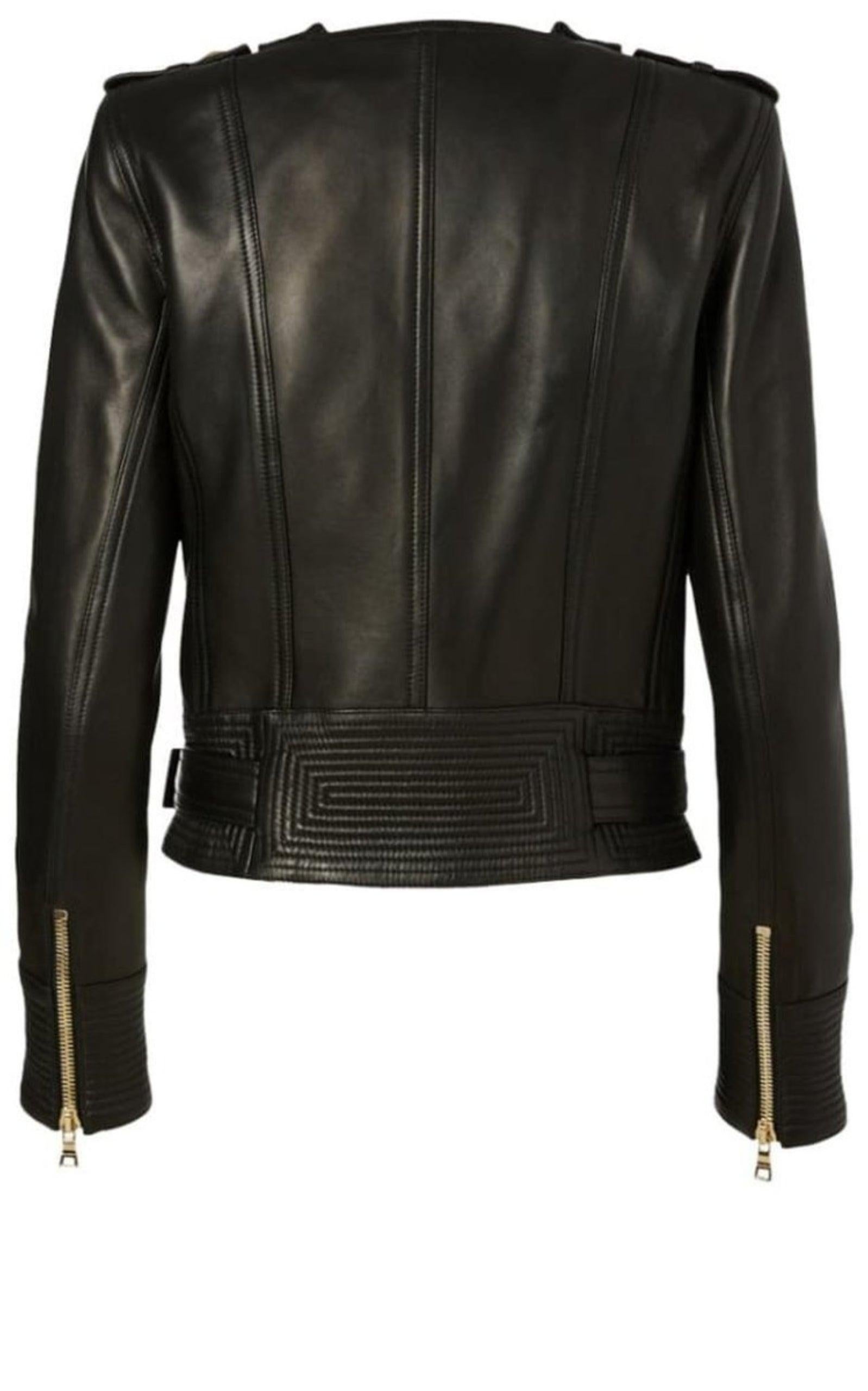 Donna Balmain Giacca in pelle con fibbia nera FR 38 in vendita