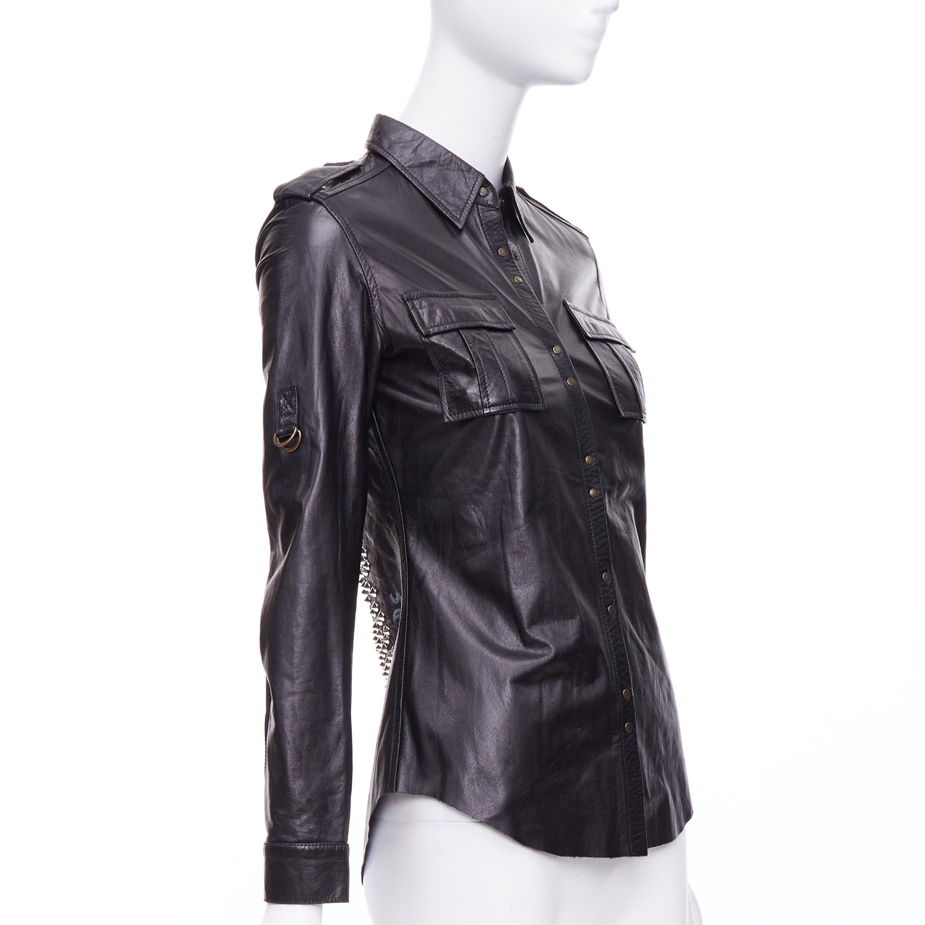 Women's BALMAIN black calfskin multicolor paint studded punk leather shirt FR36 S