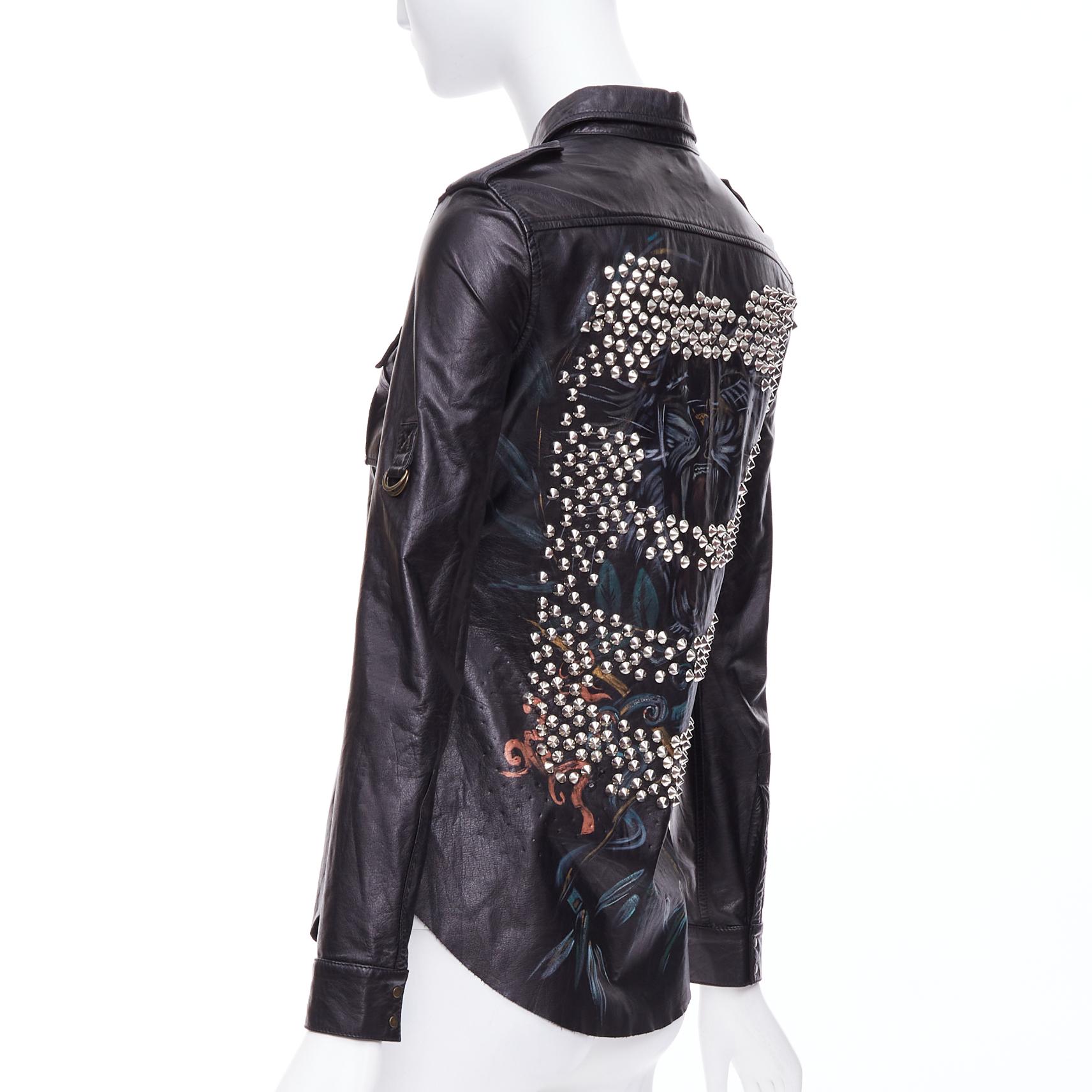 BALMAIN black calfskin multicolor paint studded punk leather shirt FR36 S 2