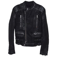 Balmain Black Coated Cotton Zip Front Biker Jacket S