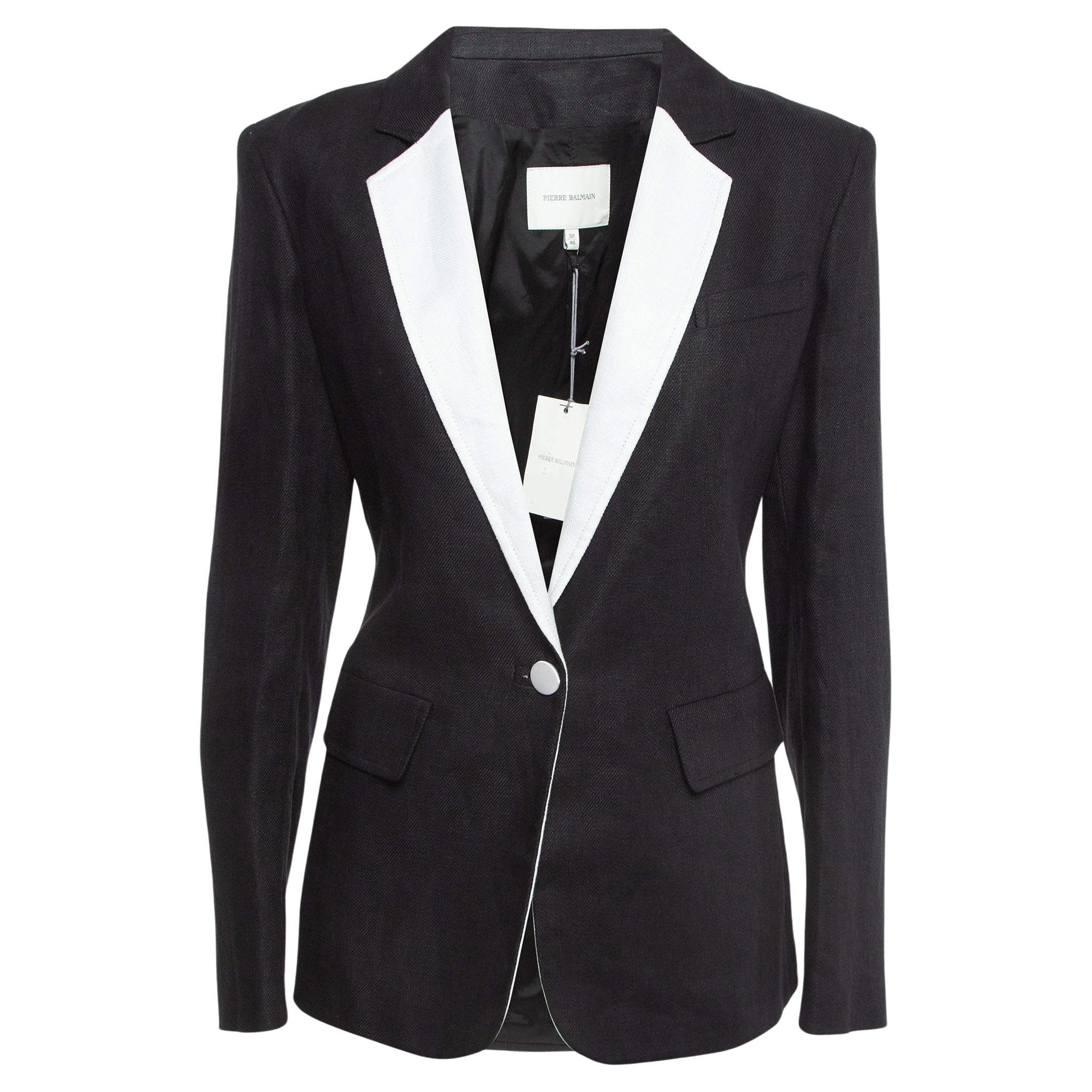 Balmain Black Contrast Collar Linen Single Breasted Blazer XL For Sale