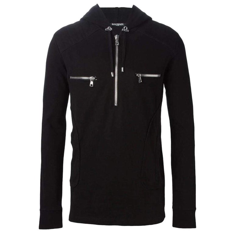 Balmain Black Cotton Black Zipper Biker Hoodie Jacket For Sale at 1stDibs