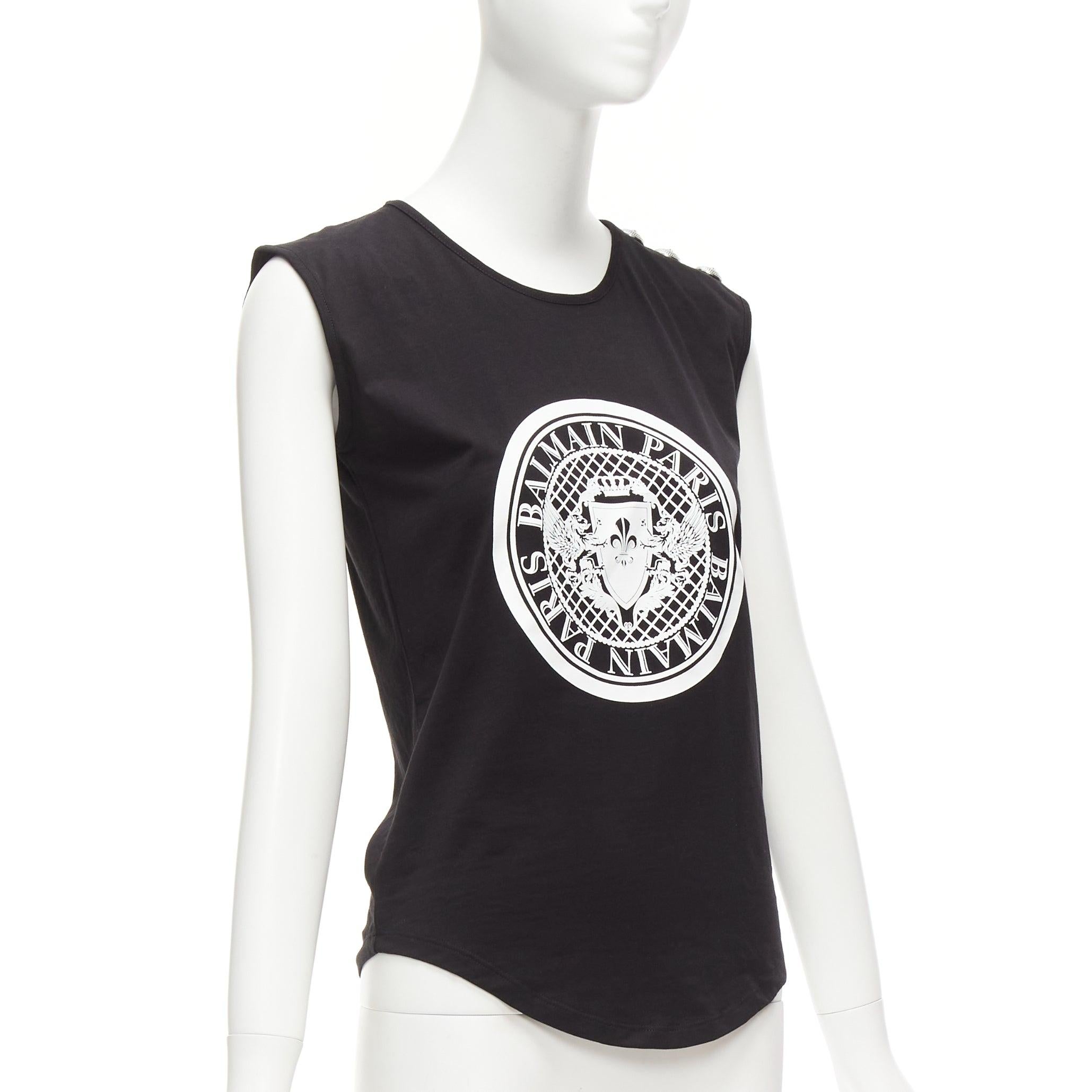 Black BALMAIN black cotton crest logo silver button shoulder tank top vest FR34 XS For Sale