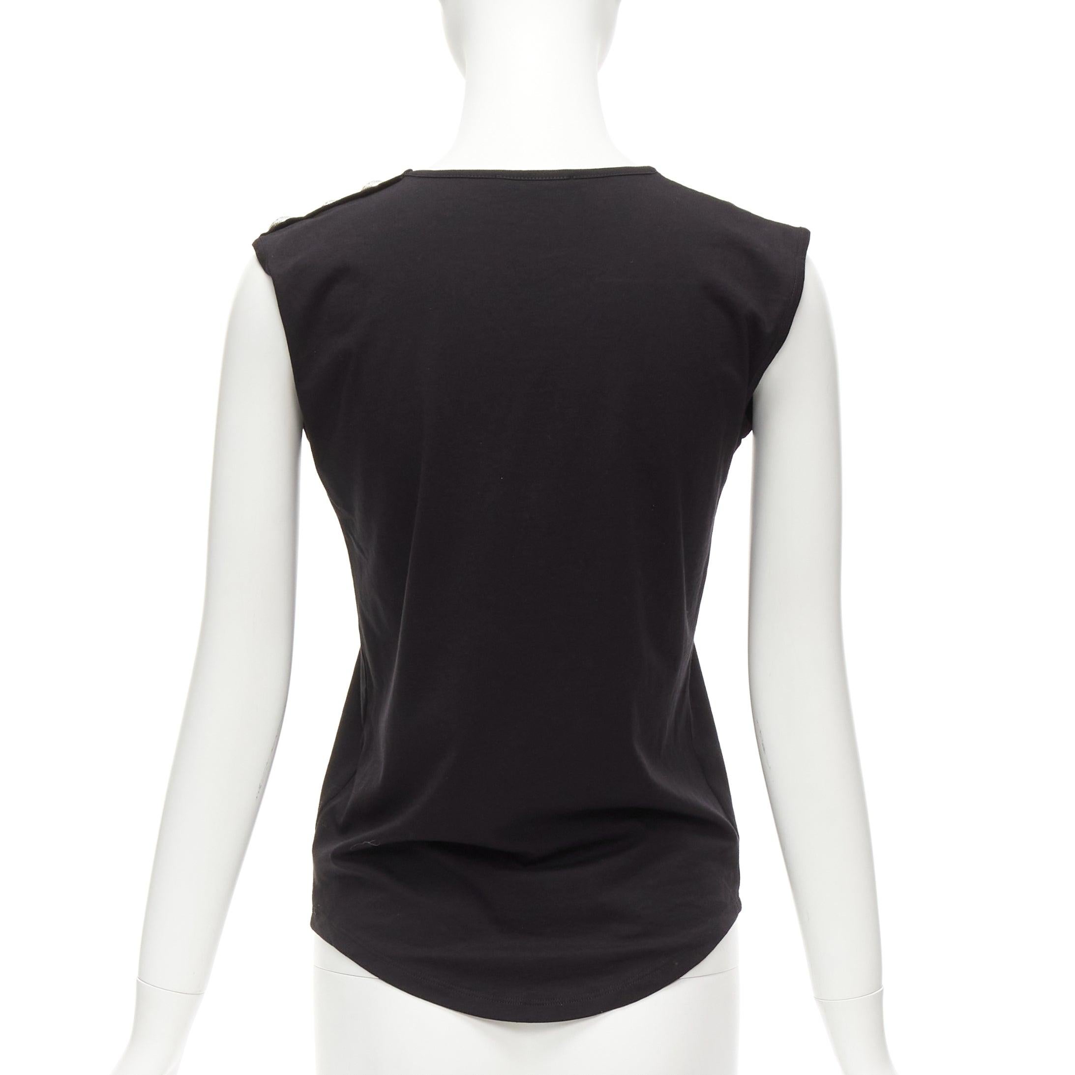 BALMAIN black cotton crest logo silver button shoulder tank top vest FR34 XS For Sale 1