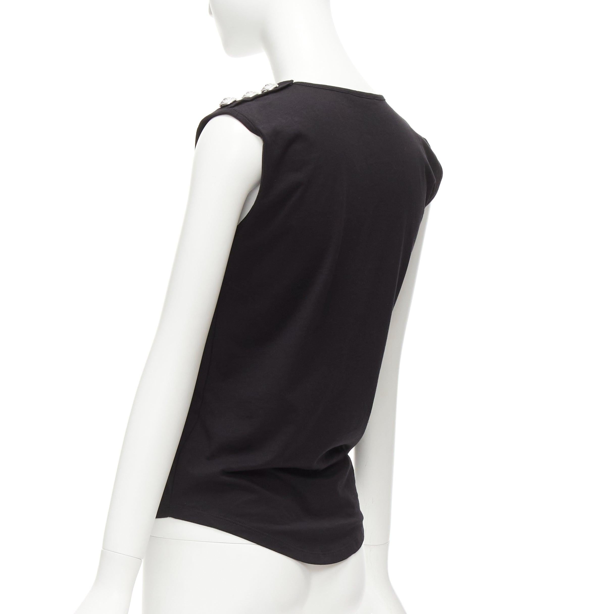 BALMAIN black cotton crest logo silver button shoulder tank top vest FR34 XS For Sale 2