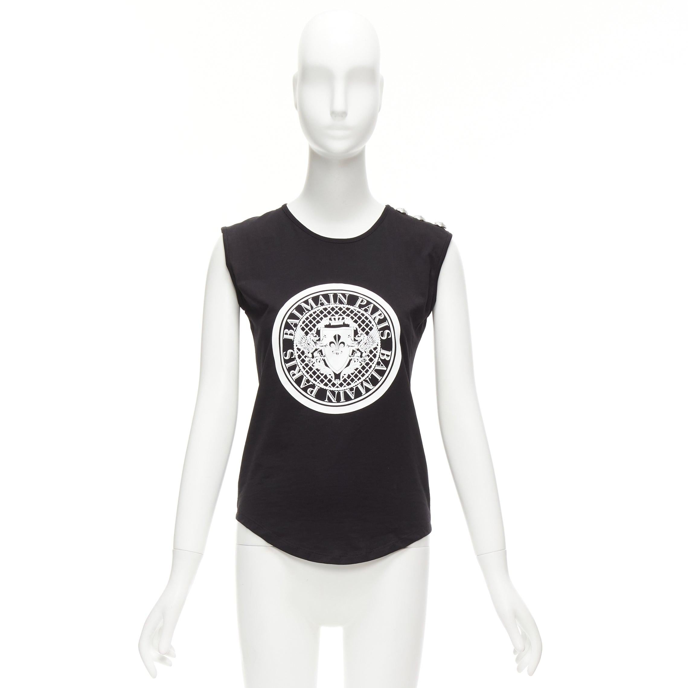 BALMAIN black cotton crest logo silver button shoulder tank top vest FR34 XS For Sale 4