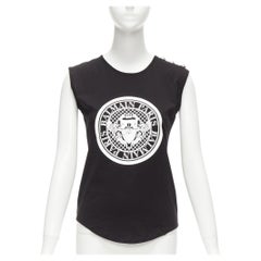 BALMAIN black cotton crest logo silver button shoulder tank top vest FR34 XS