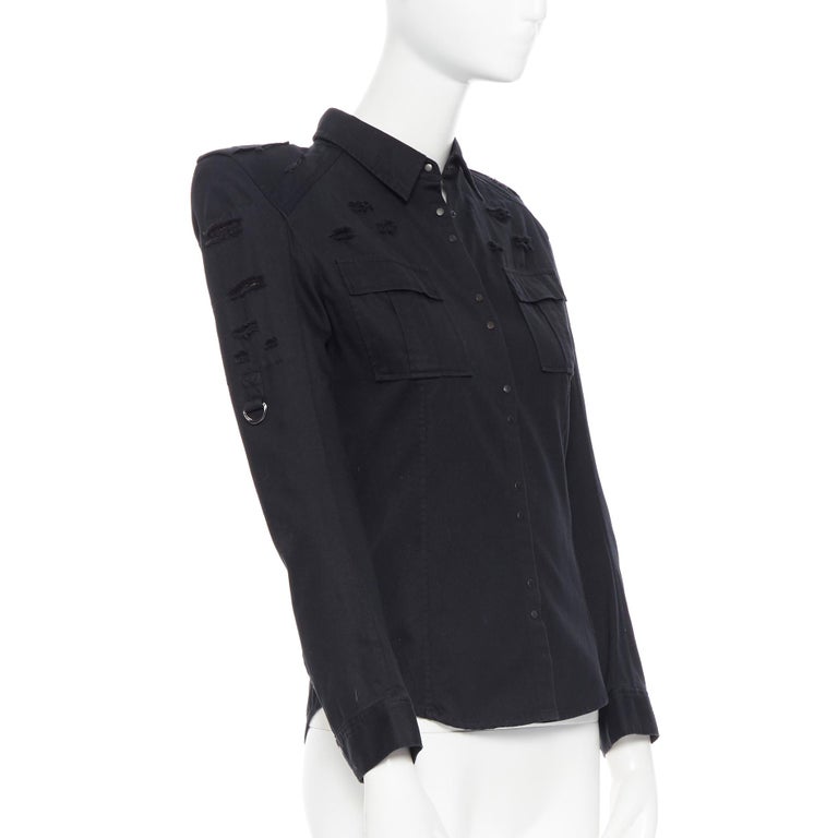BALMAIN black cotton distressed chainmail lined padded shoulder shirt FR38  For Sale at 1stDibs
