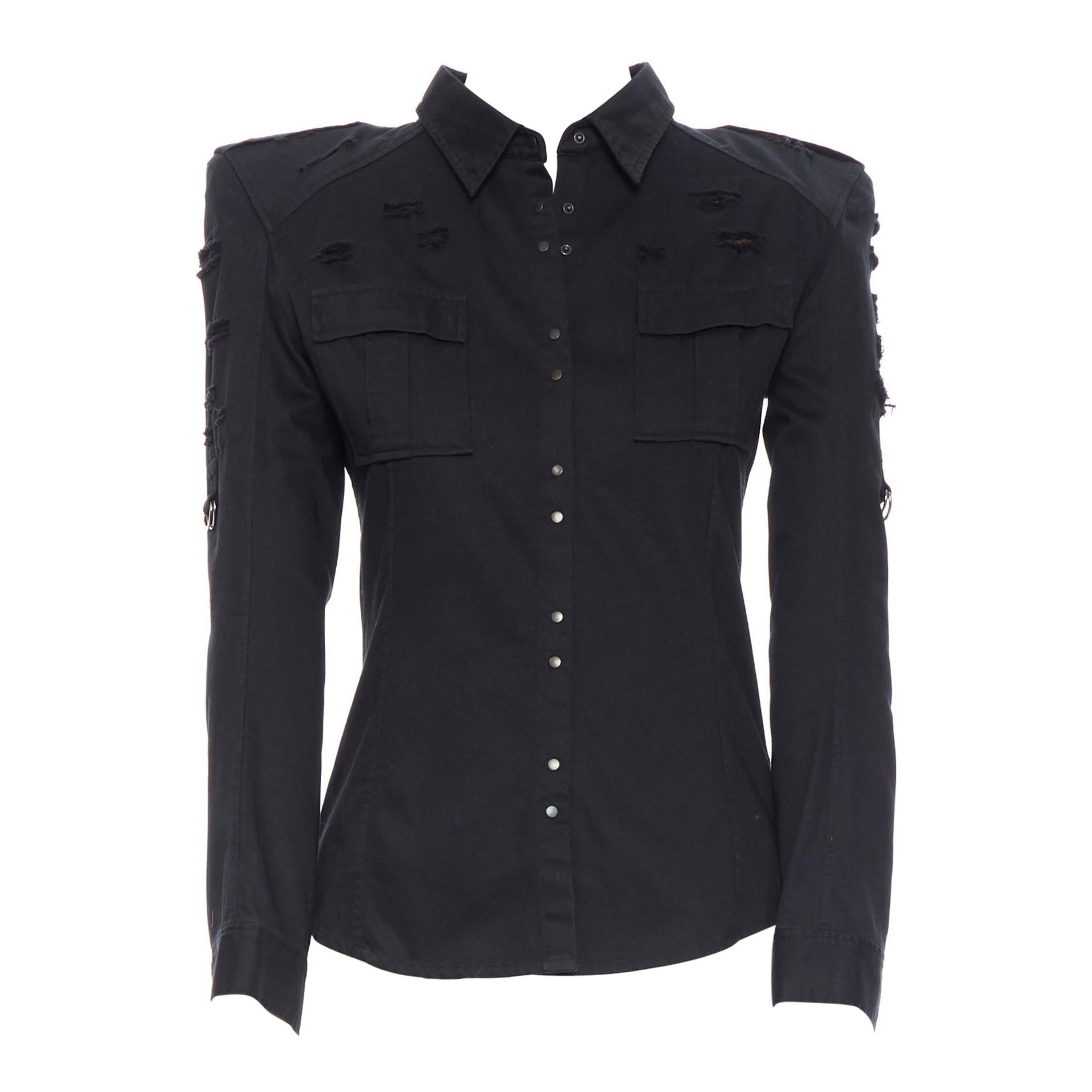 BALMAIN black cotton distressed chainmail lined padded shoulder shirt FR38