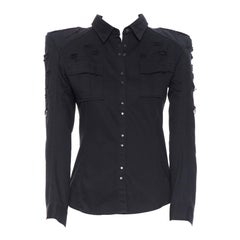 BALMAIN black cotton distressed chainmail lined padded shoulder shirt FR38