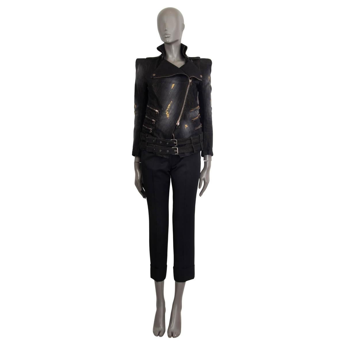 100% authentic Balmain longsleeve distressed biker jacket in black and gold cotton (65%), rayon (23%) and  polyester (12%). Embellished with gold lurex threads all over the jacket and shoulder epualettes. Comes with six zip pockets on the front and