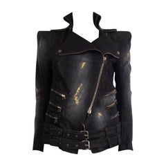 BALMAIN black cotton DISTRESSED DENIM BIKER Jacket 38 XS