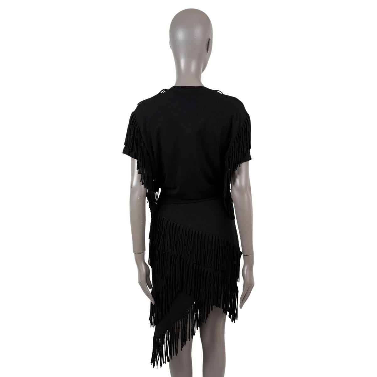 BALMAIN black cotton FRINGED EMBROIDERED T-Shirt Dress 40 M In New Condition For Sale In Zürich, CH