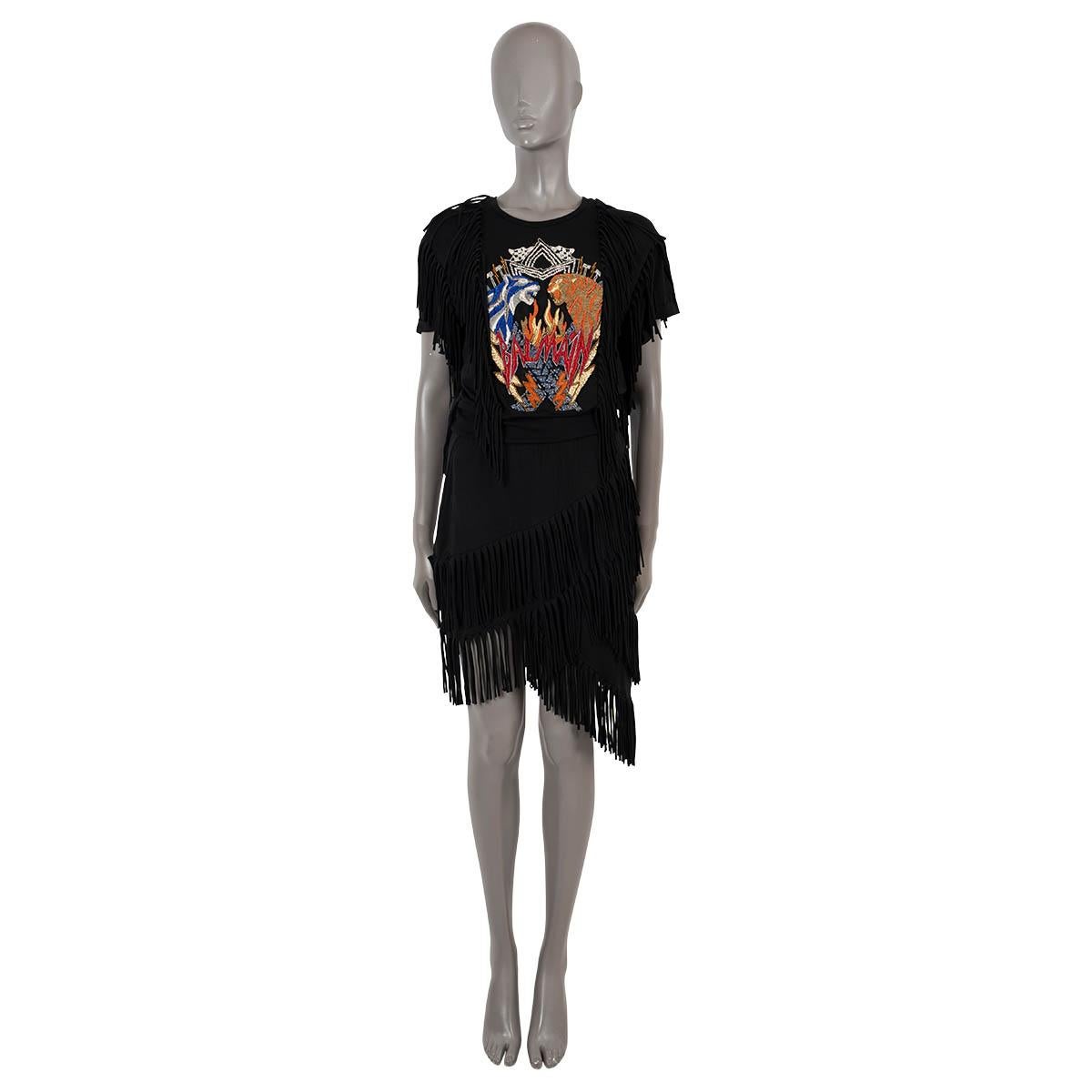 Women's BALMAIN black cotton FRINGED EMBROIDERED T-Shirt Dress 40 M For Sale