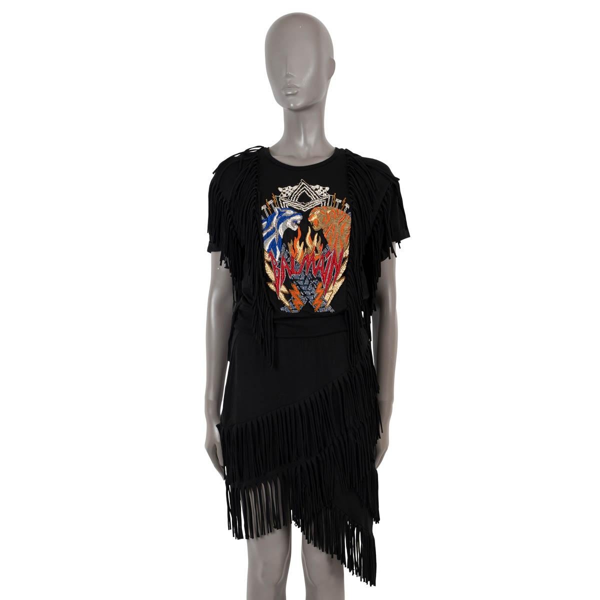 BALMAIN Robe t-shirt en coton noir FRINGÉ EMBROIDÉ 40 M. en vente