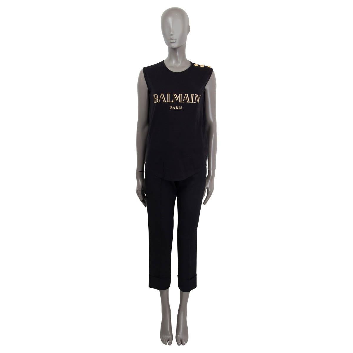 100% authentic Balmain logo print tank top in black cotton (100%). Features faux lion buttons on the shoulder. Unlined. Has been worn and is in excellent condition.

Measurements
Tag Size	36
Size	XS
Bust	86cm (33.5in) to 106cm (41.3in)
Waist	84cm
