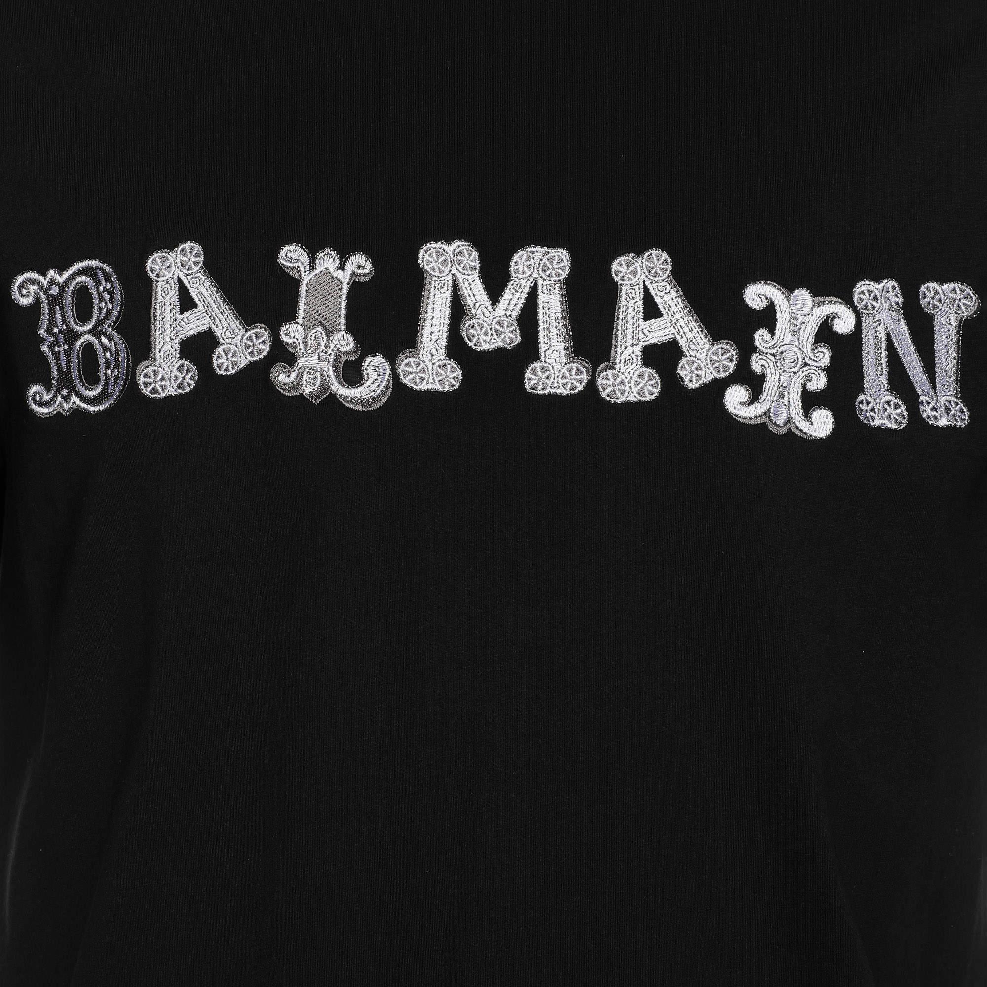 Nero Balmain - Maglietta in cotone nero con stampa logo M. T. I. in vendita