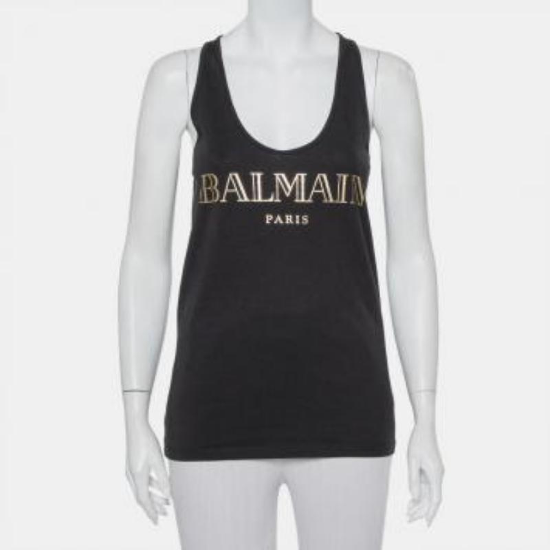Balmain Black Cotton Logo Printed Tank Top M For Sale 3