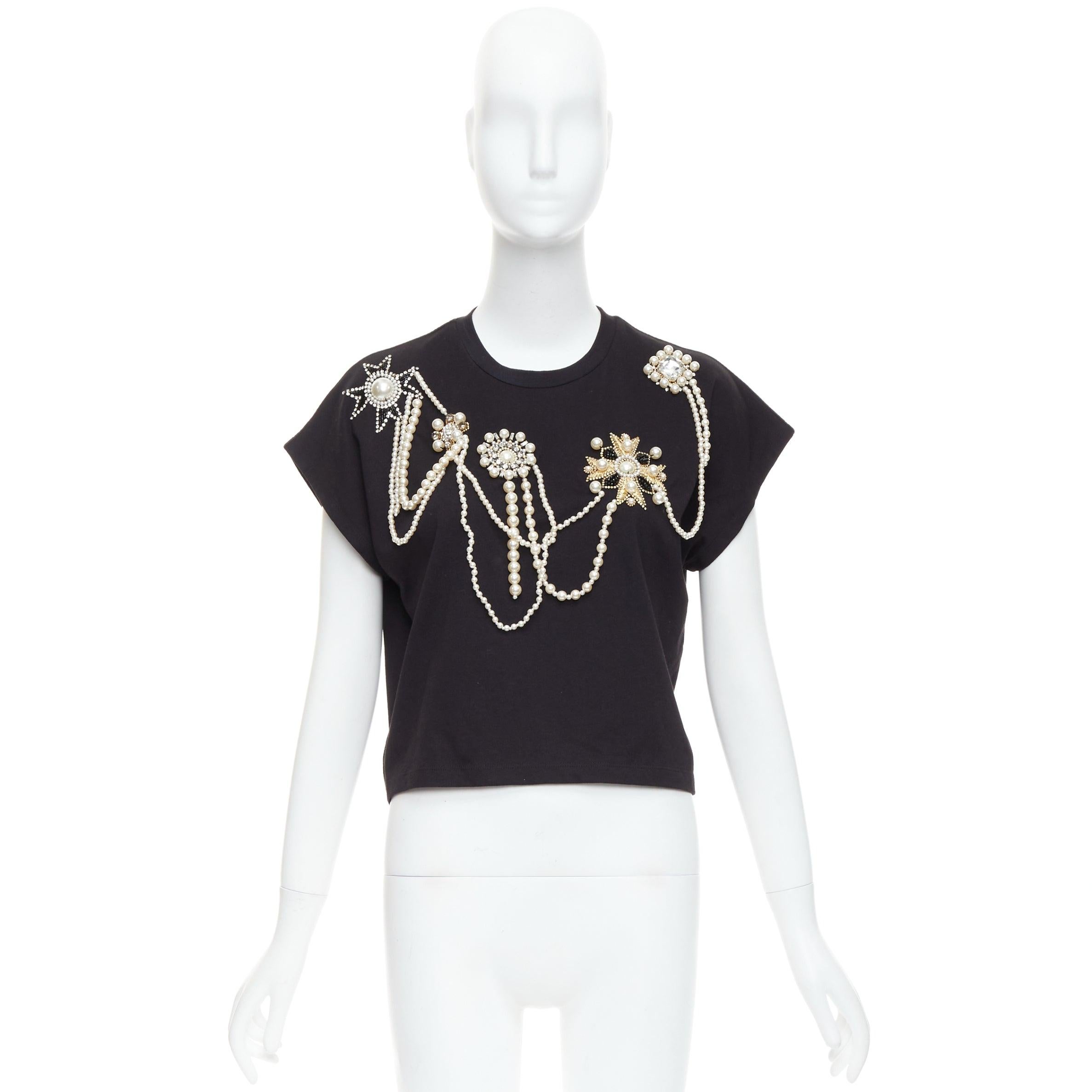 BALMAIN black cotton pearl bead embellished crop tshirt XS For Sale 5